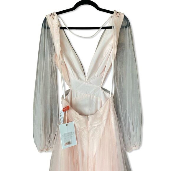 Mac Duggal blush Tulle Sheer Long Sleeve Cut Out Lace Up A Line Gown dress NWT 4 - Picture 6 of 16